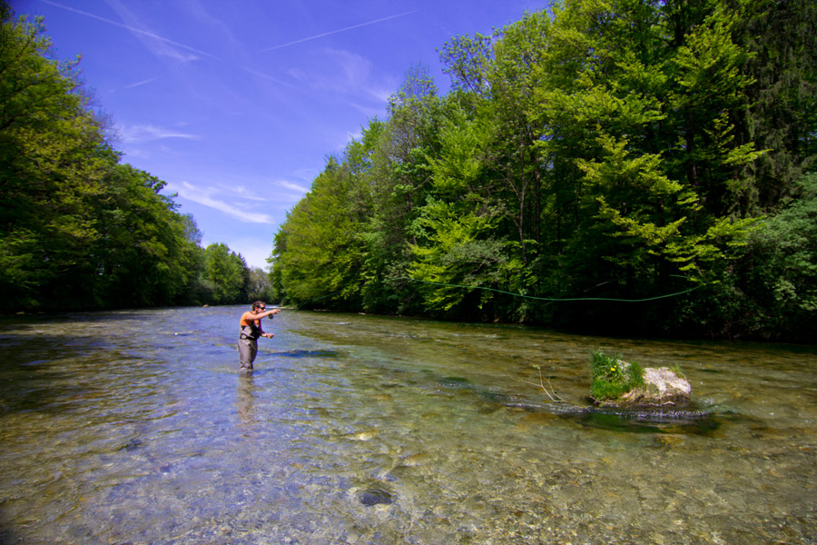 Türkises Wasser der Deutschen Traun Hochberg zwischen dichtem Uferwald